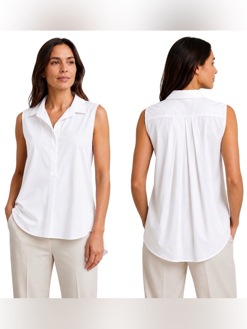 Lafayette 148 sleeveless Stretch Cotton Collared Stella Top High Low Medium whit